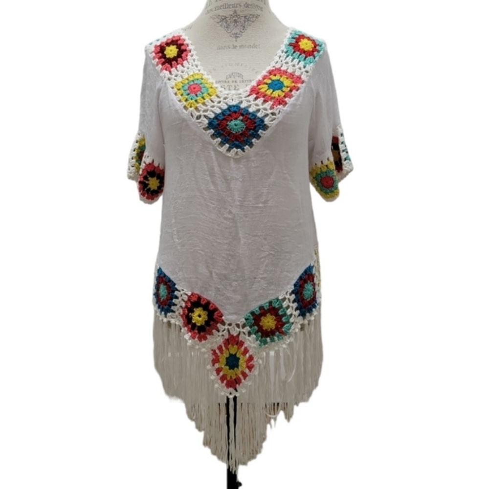 Boho Granny Square Crochet Fringed Top Swim Coverup Size S/M